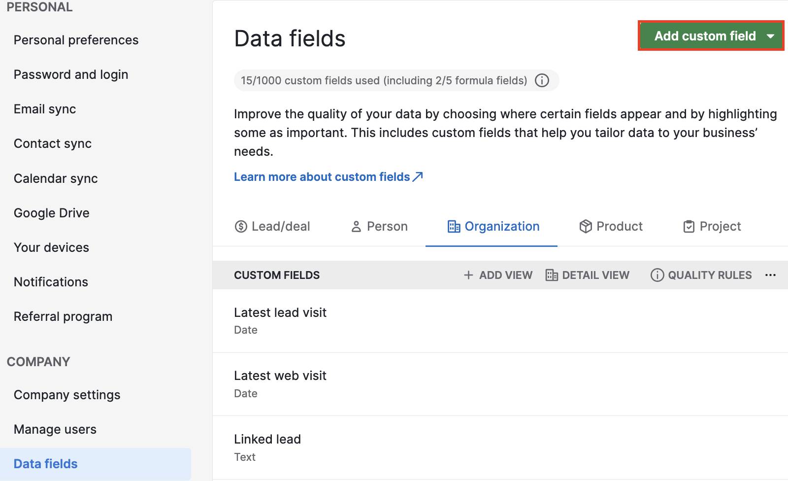 B2B SaaS Lead Generation Pipedrive custom fields