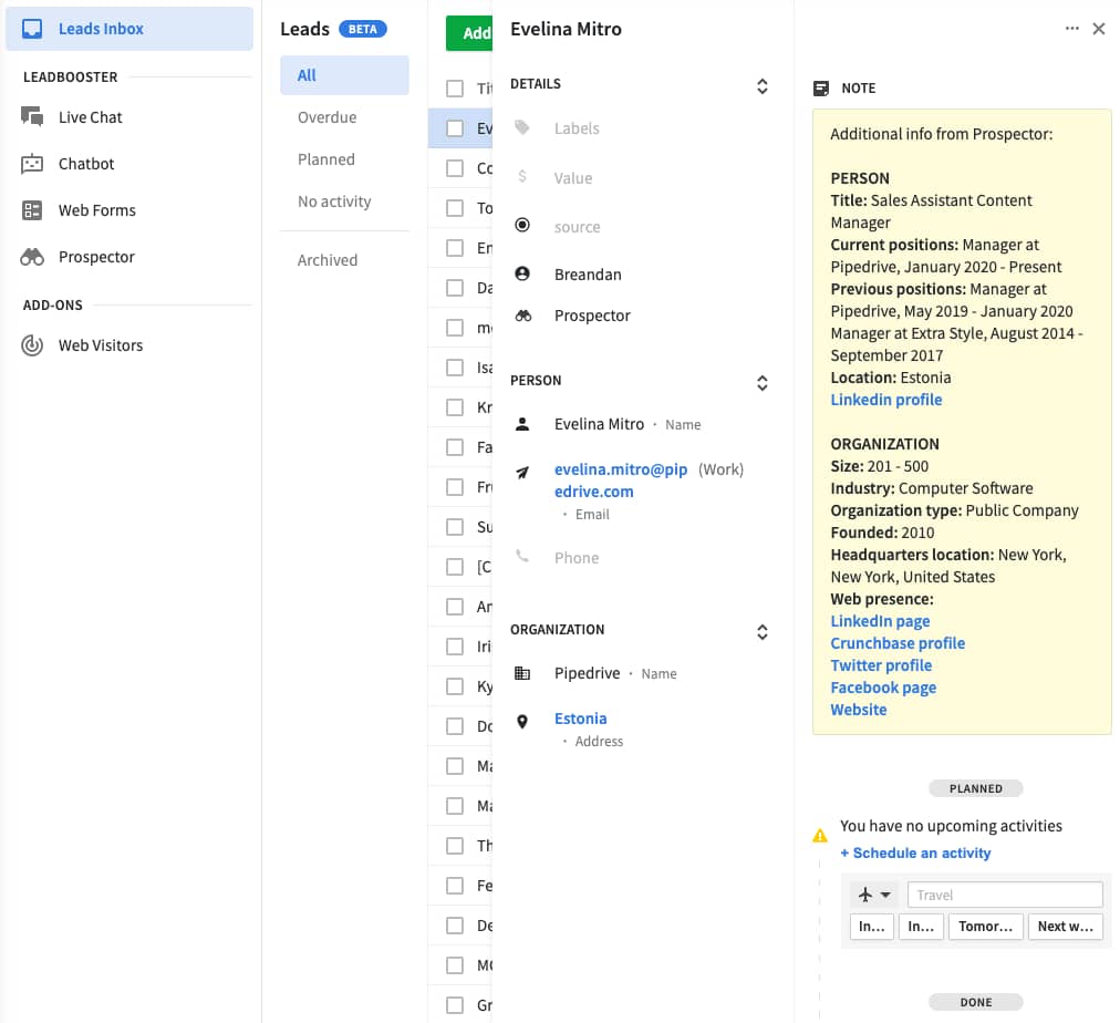 Pipedirve prospector leads inbox