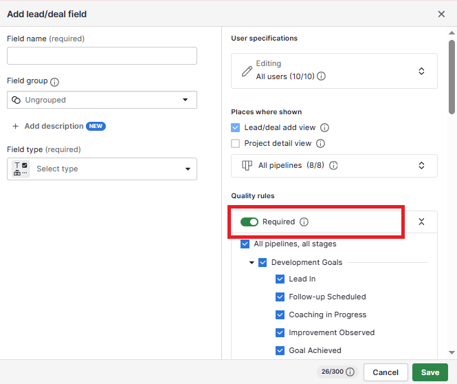 Closed loop marketing Pipedrive CRM required fields
