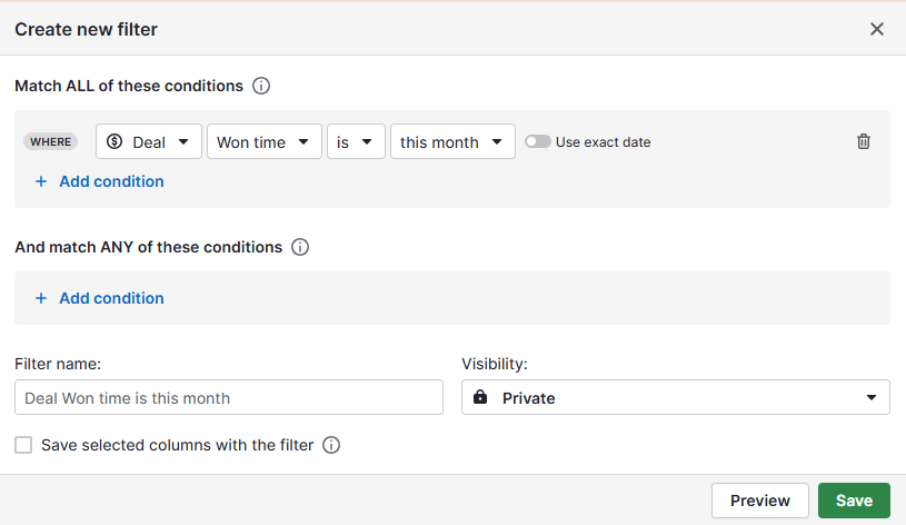 CRM lead management Pipedrive won time filter