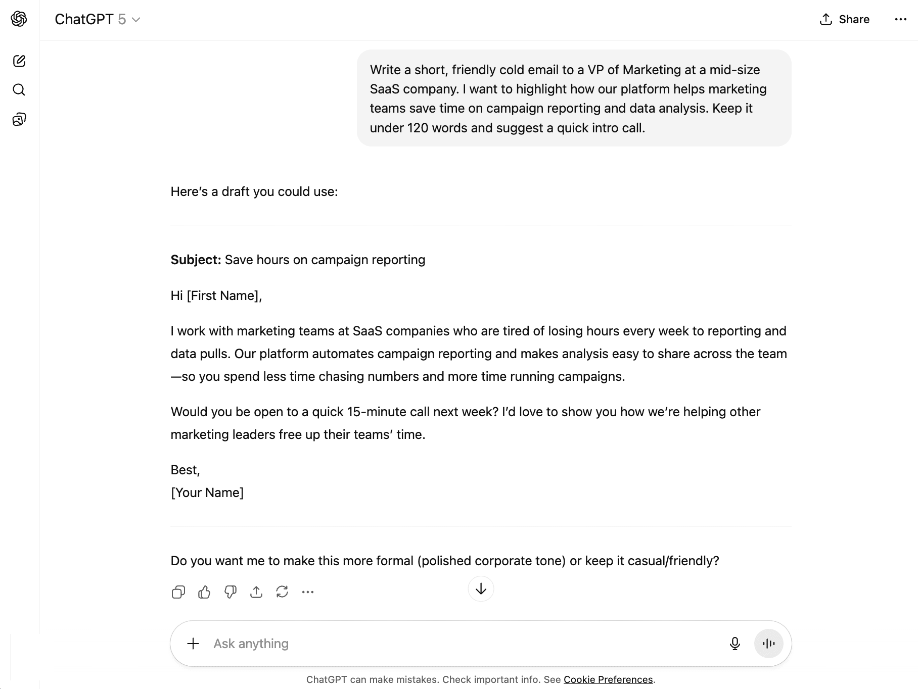 Prospecting tools ChatGPT cold email draft