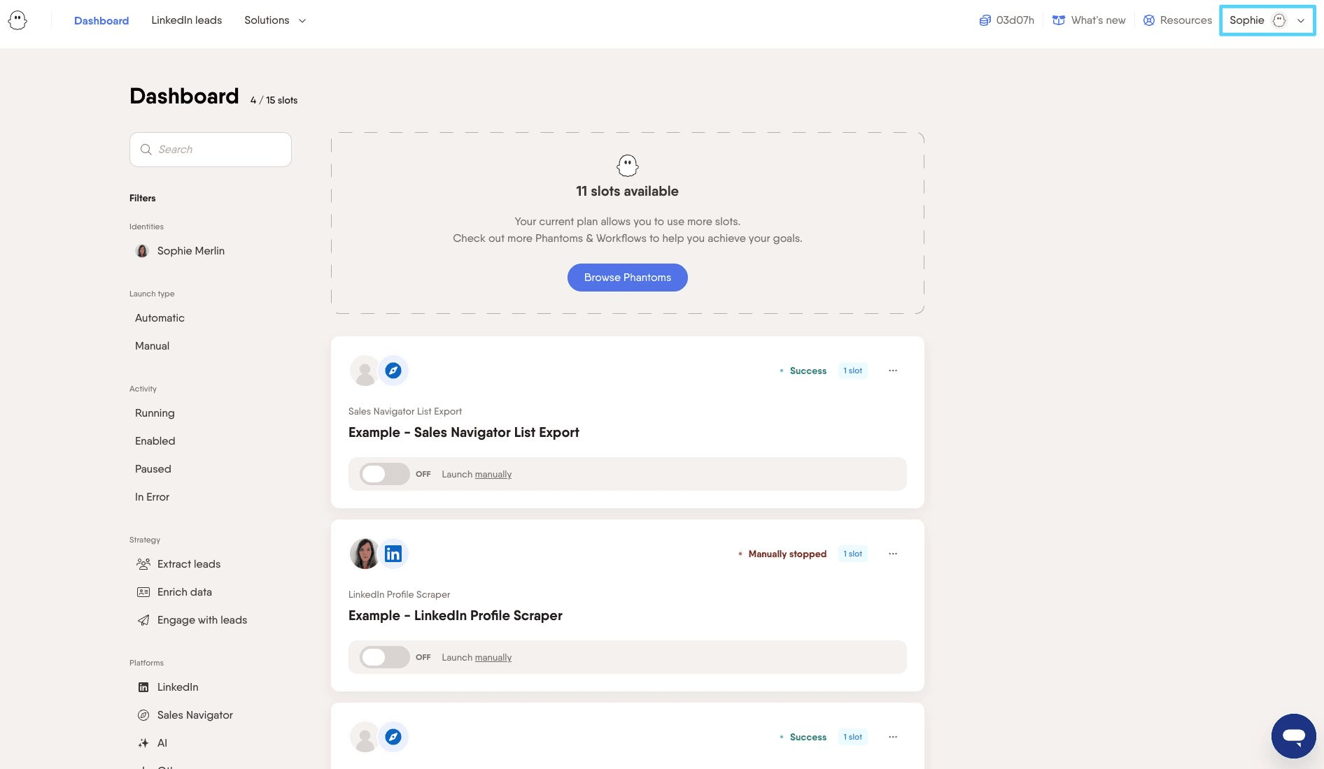 Prospecting tools PhantomBuster dashboard