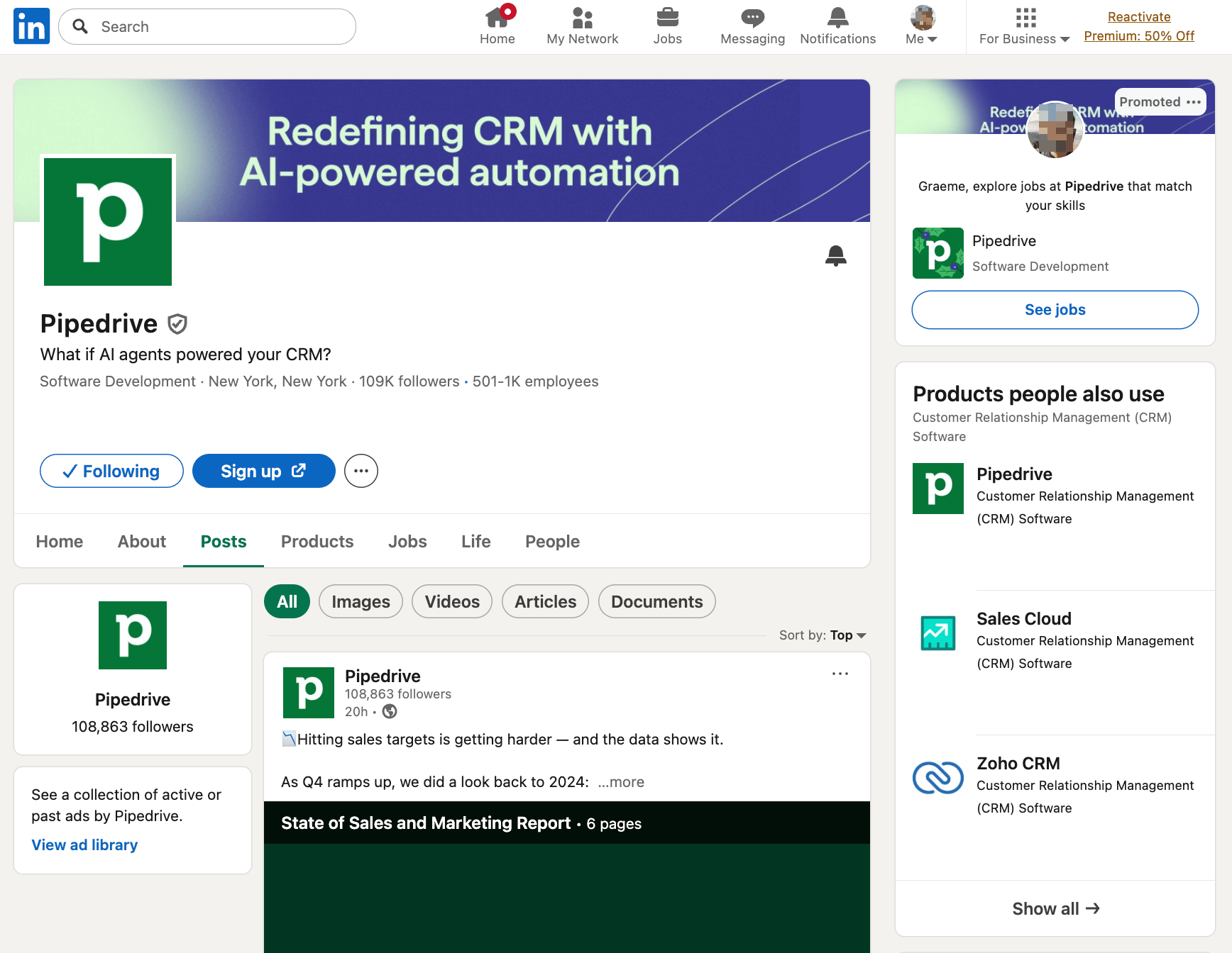 Prospecting tools Pipedrive LinkedIn company page