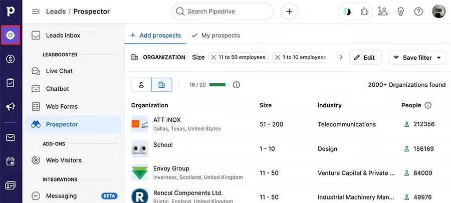 Prospecting tools Pipedrive Prospector B2B database