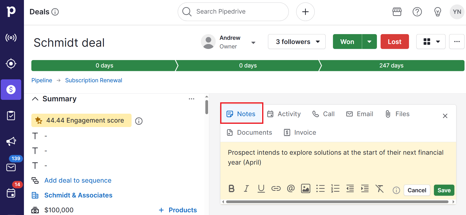 Warm leads Pipedrive custom notes